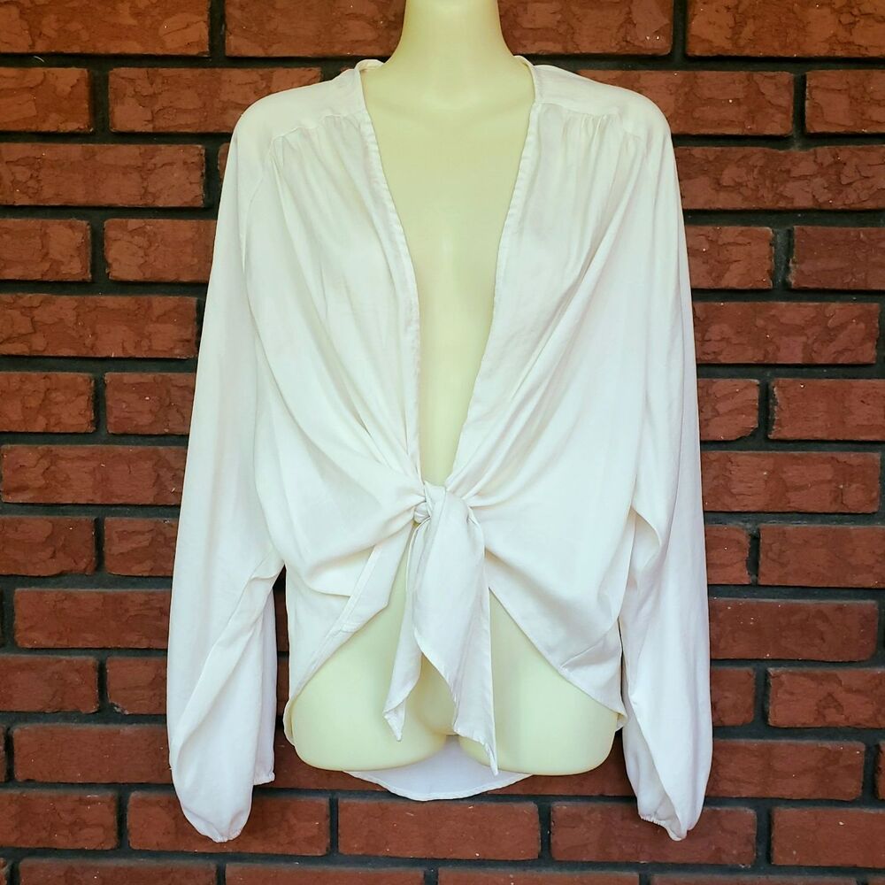 Tie Front Blouse Women M Open Cream White Silky Polyester Fashion Nova Boho Chic